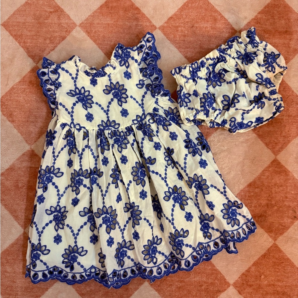Pink Chicken Blue Floral Dress with Bloomers